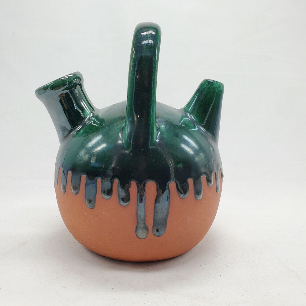 French Clay Terracotta Green Drip Glazed Gargoulette Pottery 10 x 7 liquor Jug..